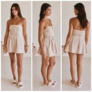 Strapless Cream Tie-Waist Mini Dress